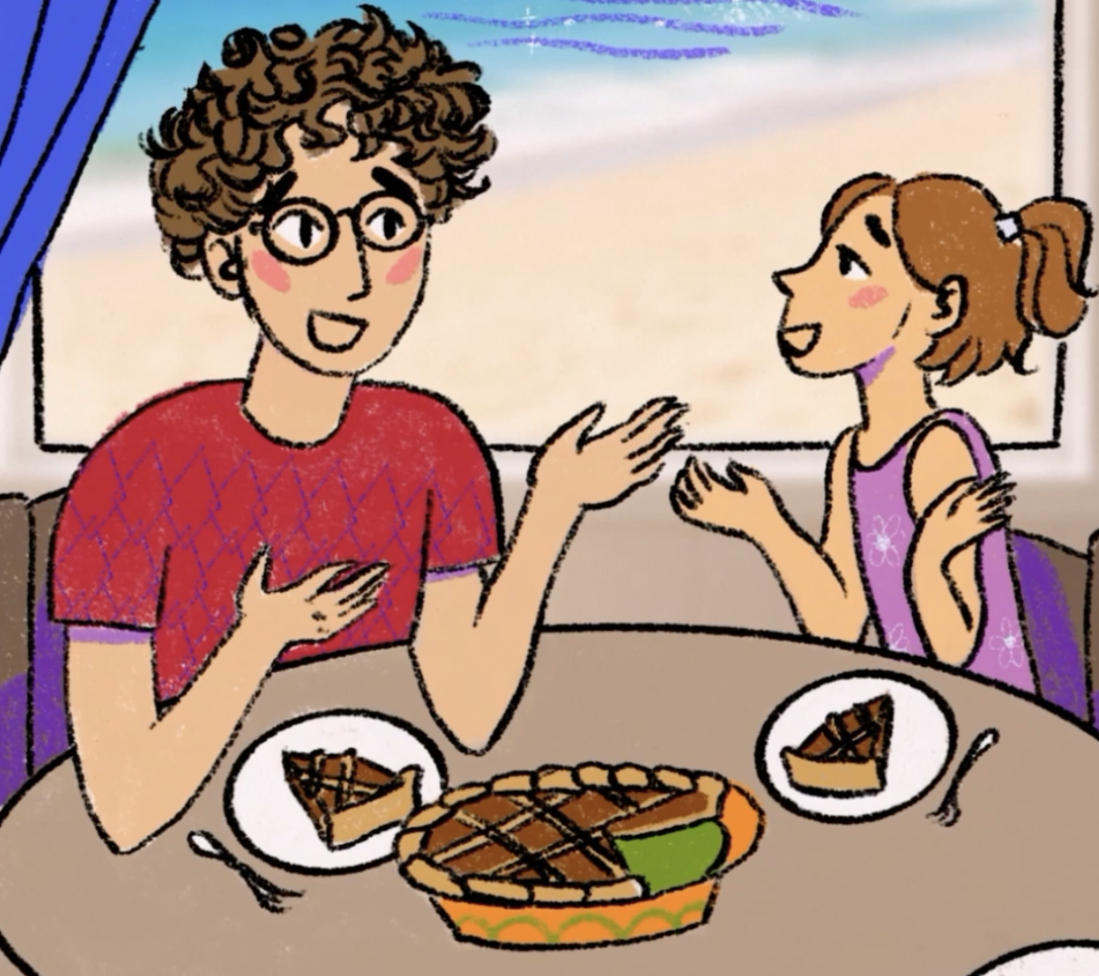 Giulio and a girl sharing cake by the sea in Pescara